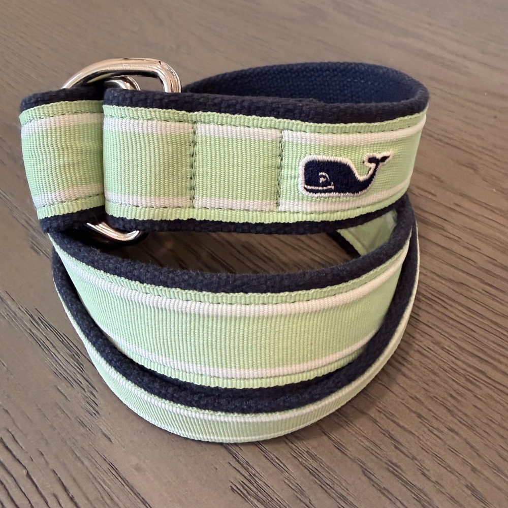 Vineyard Vines Mens Whale Logo D-Ring Canvas Belt Green Navy Striped Size Large